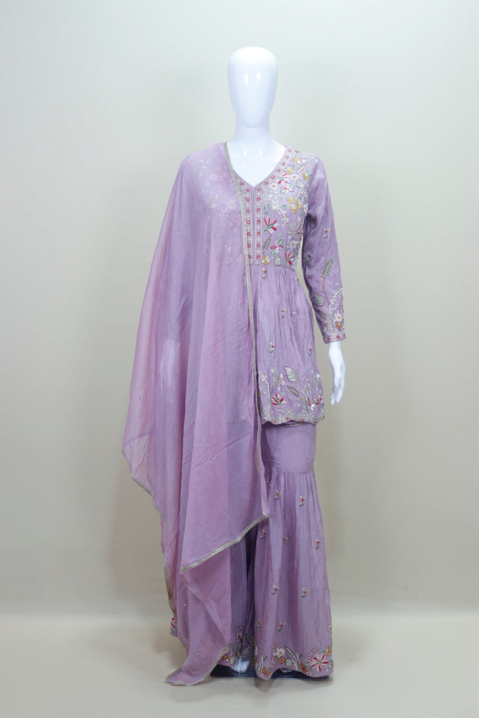 Designer Lavender Embroidered Sharara Suit with Dupatta