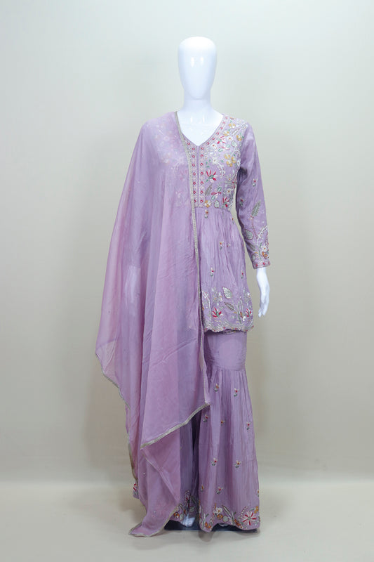 Designer Lavender Embroidered Sharara Suit with Dupatta