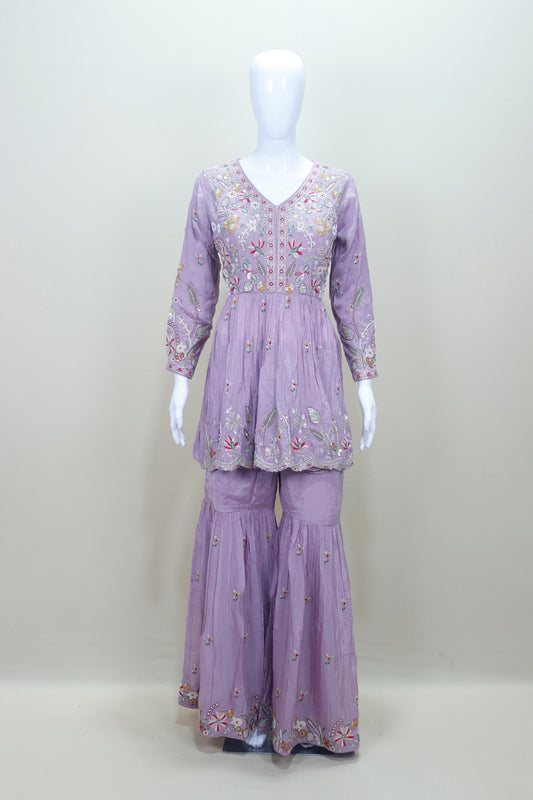 Designer Lavender Embroidered Sharara Suit with Dupatta