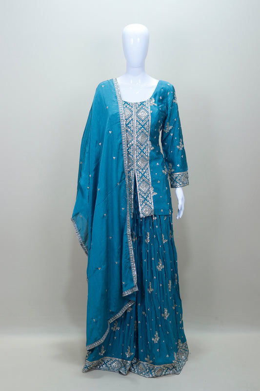 Designer Blue Embroidered Sharara Suit with Dupatta