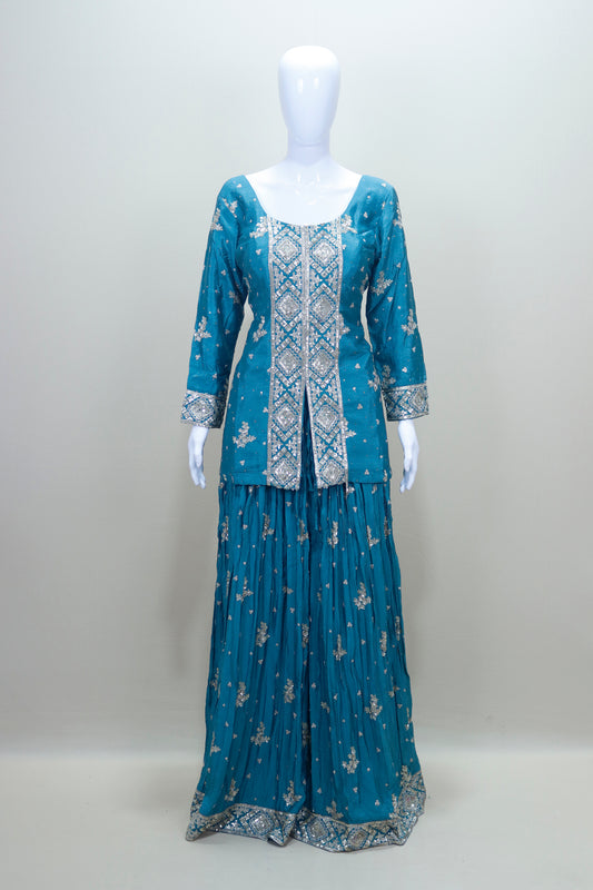 Designer Blue Embroidered Sharara Suit with Dupatta