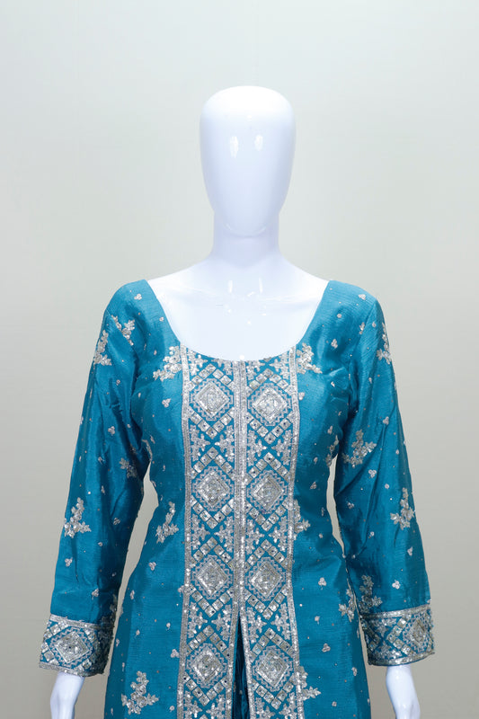 Designer Blue Embroidered Sharara Suit with Dupatta