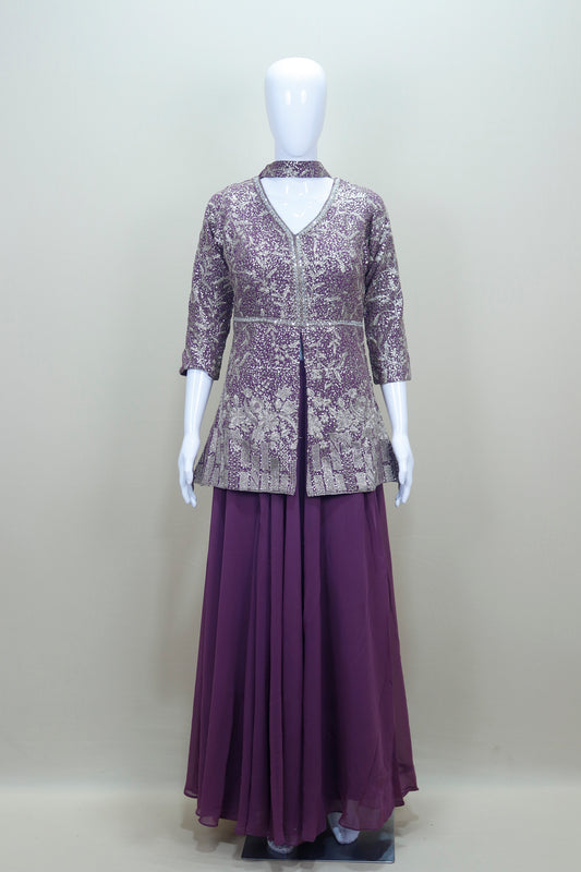Designer Purple Embroidered Gown with Jacket Party Wear