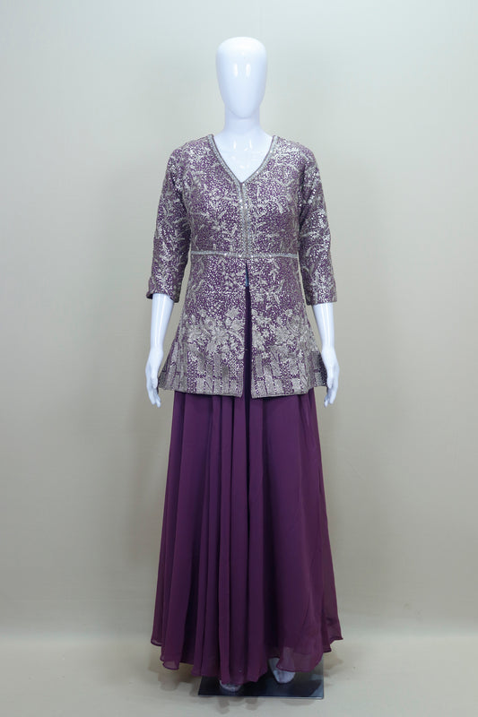 Designer Purple Embroidered Gown with Jacket Party Wear
