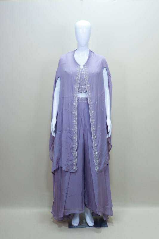 Elegant Lavender Embroidered Sharara Set with Cape Jacket Party Wear