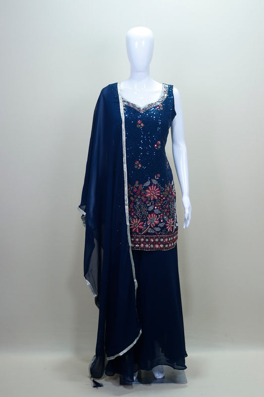 Navy Blue Sequin Embroidered Sharara Suit with Dupatta