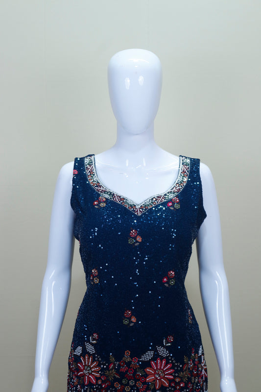 Navy Blue Sequin Embroidered Sharara Suit with Dupatta