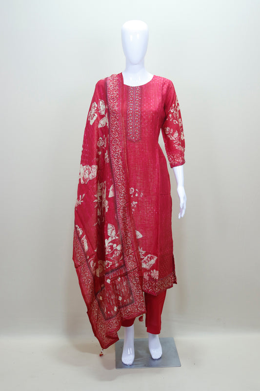 Elegant Red Printed Cotton Kurti Set with Dupatta