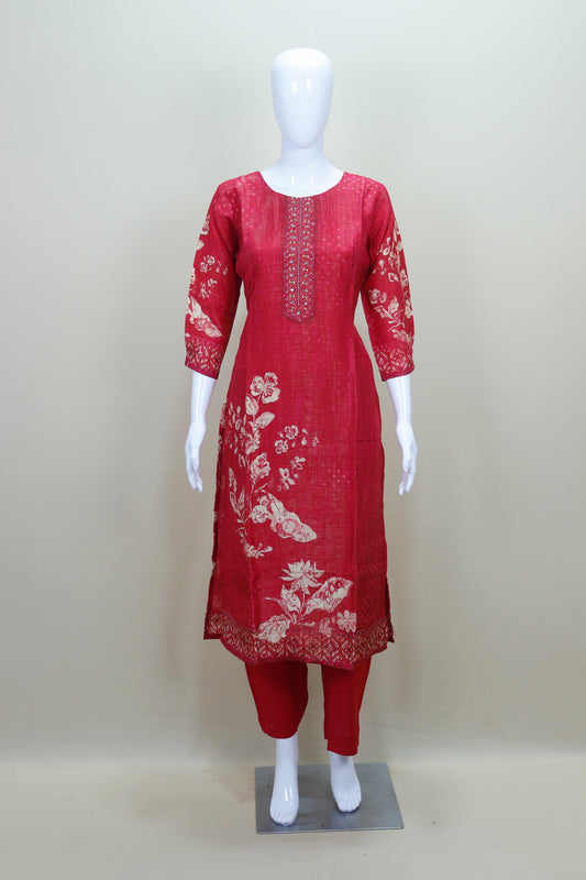 Elegant Red Printed Cotton Kurti Set with Dupatta