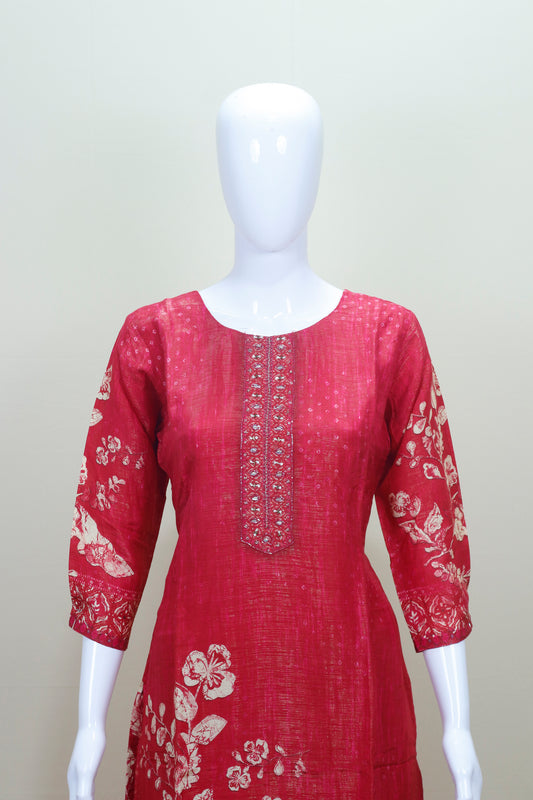 Elegant Red Printed Cotton Kurti Set with Dupatta