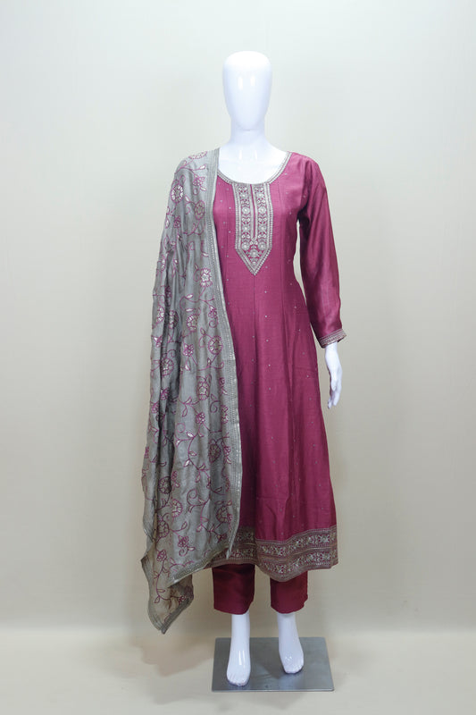 Designer Wine Silk Embroidered Salwar Suit with Dupatta