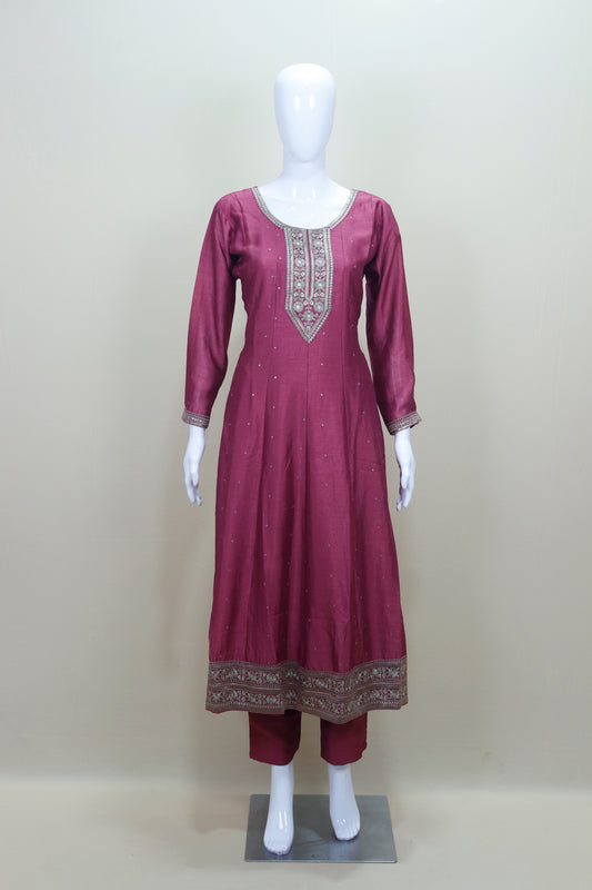 Designer Wine Silk Embroidered Salwar Suit with Dupatta