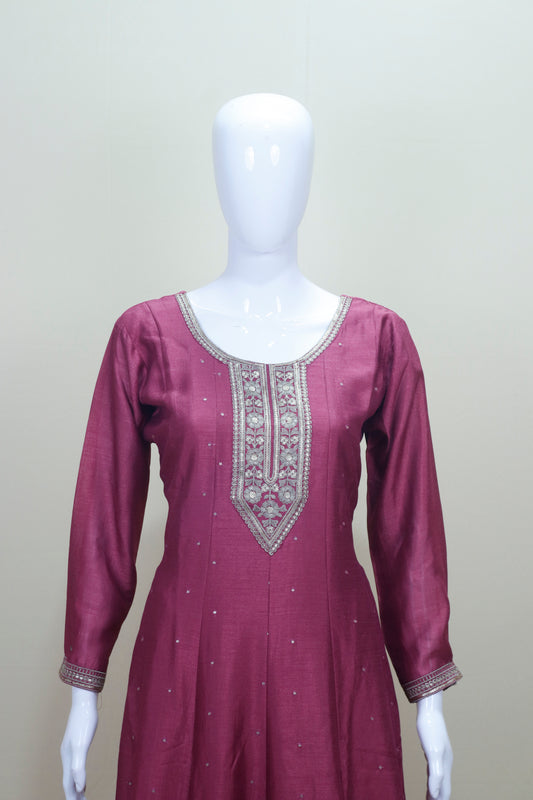 Designer Wine Silk Embroidered Salwar Suit with Dupatta