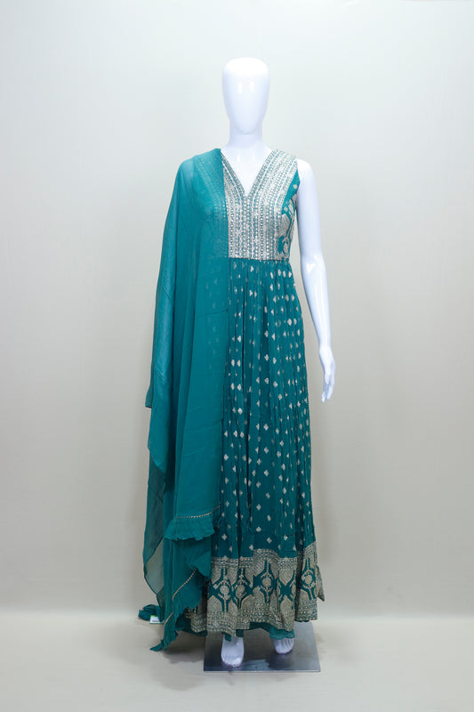 Teal Green Georgette Anarkali Suit Dupatta Party Wear Ethnic Outfit