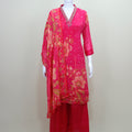 Bright Pink Floral Printed Kurta Set with Palazzo Dupatta Ethnic Wear