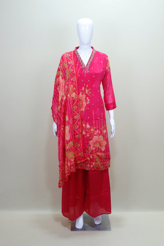 Bright Pink Floral Printed Kurta Set with Palazzo Dupatta Ethnic Wear