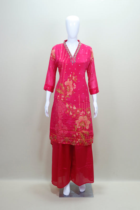 Bright Pink Floral Printed Kurta Set with Palazzo Dupatta Ethnic Wear
