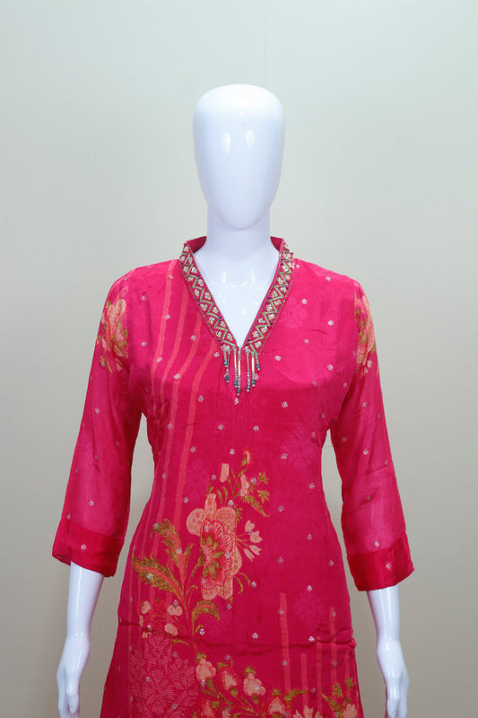 Bright Pink Floral Printed Kurta Set with Palazzo Dupatta Ethnic Wear