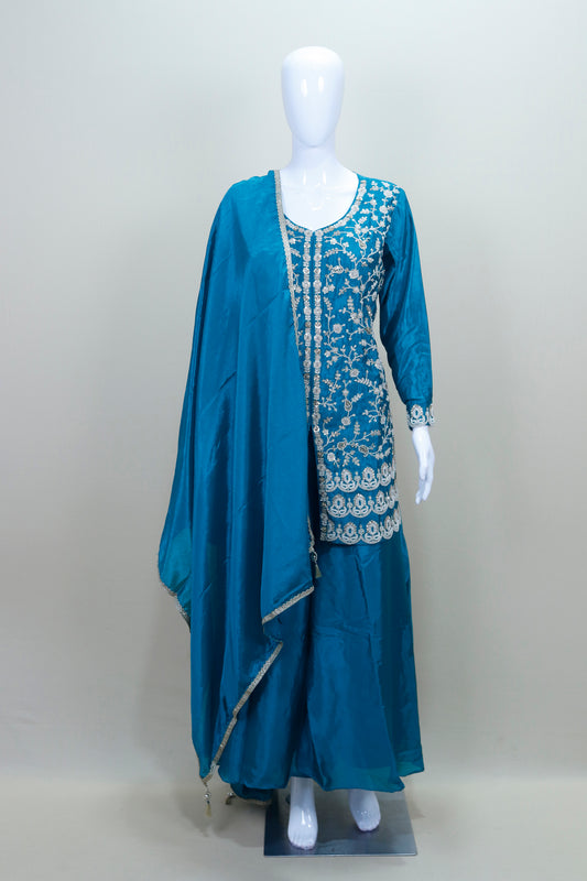 Teal Blue Long Kurta with Palazzo Dupatta Party Wear Ethnic Suit Set
