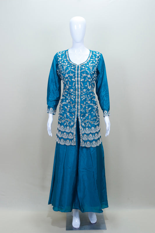 Teal Blue Long Kurta with Palazzo Dupatta Party Wear Ethnic Suit Set