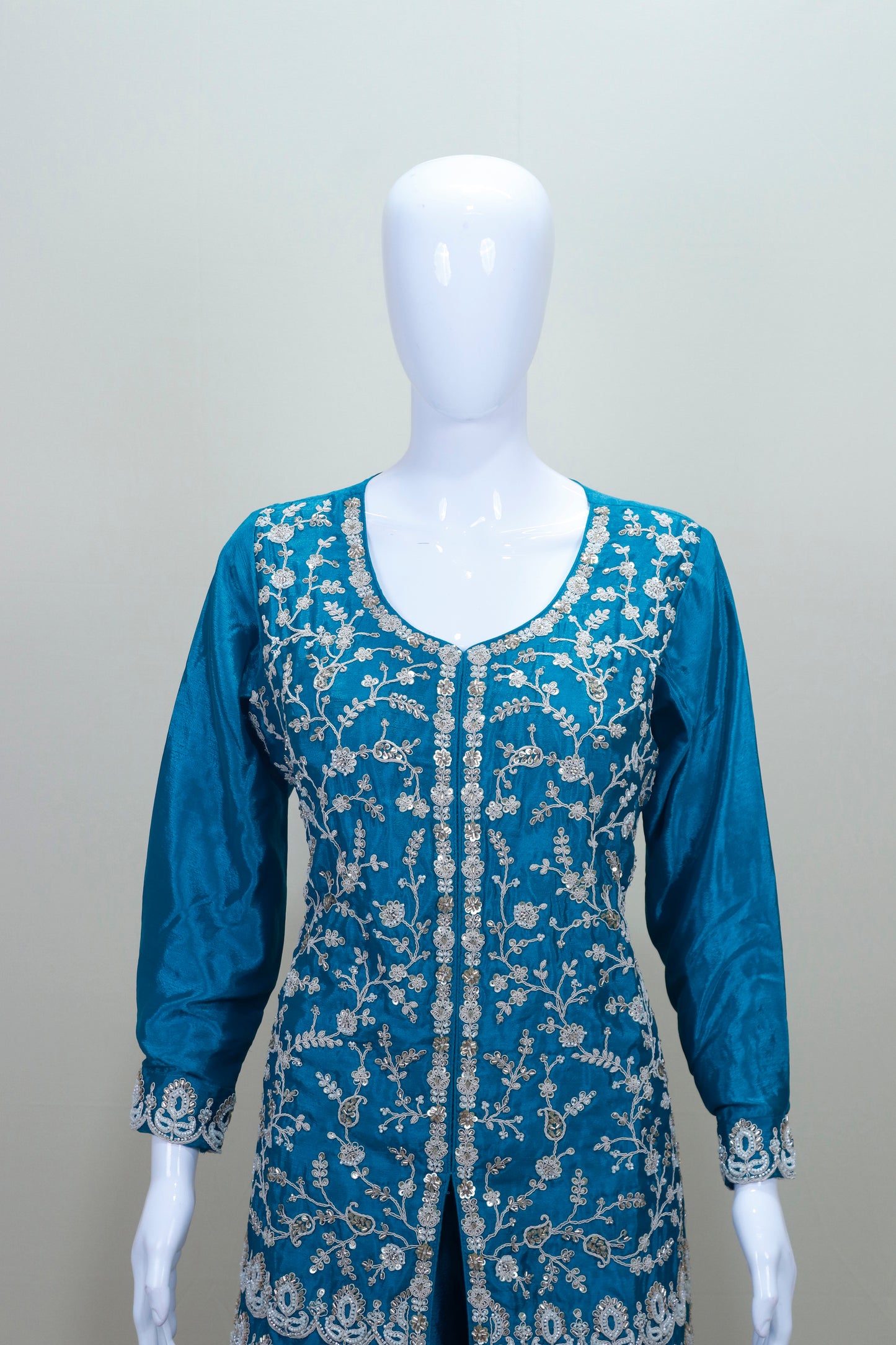 Teal Blue Long Kurta with Palazzo Dupatta Party Wear Ethnic Suit Set