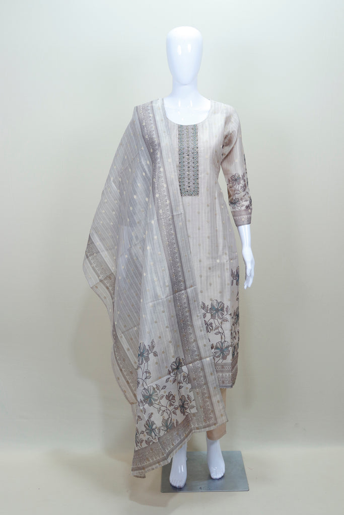 Beige Printed Cotton Suit Set Kurta Dupatta