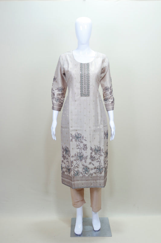 Beige Printed Cotton Suit Set Kurta Dupatta