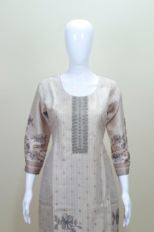Beige Printed Cotton Suit Set Kurta Dupatta