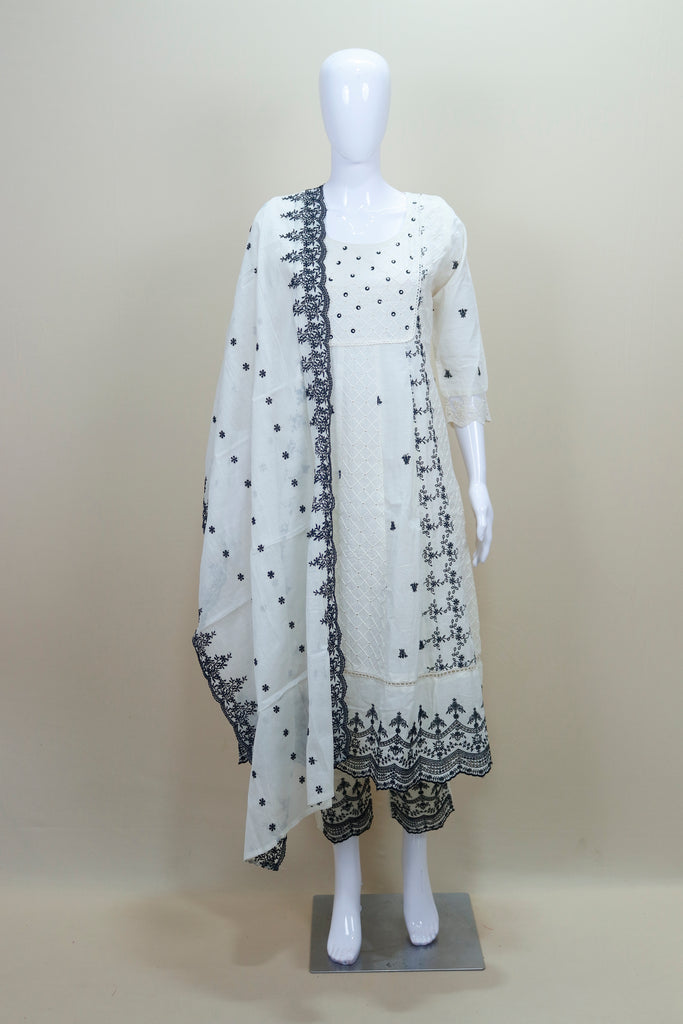 Elegant White Cotton Embroidered Suit Set Dupatta