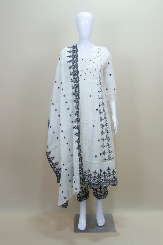 Elegant White Cotton Embroidered Suit Set Dupatta
