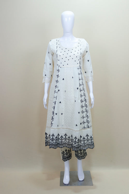 Elegant White Cotton Embroidered Suit Set Dupatta