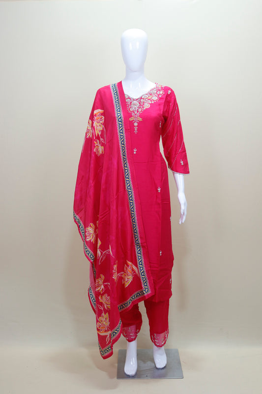 Elegant Pink Embroidered Cotton Salwar Suit with Floral Dupatta