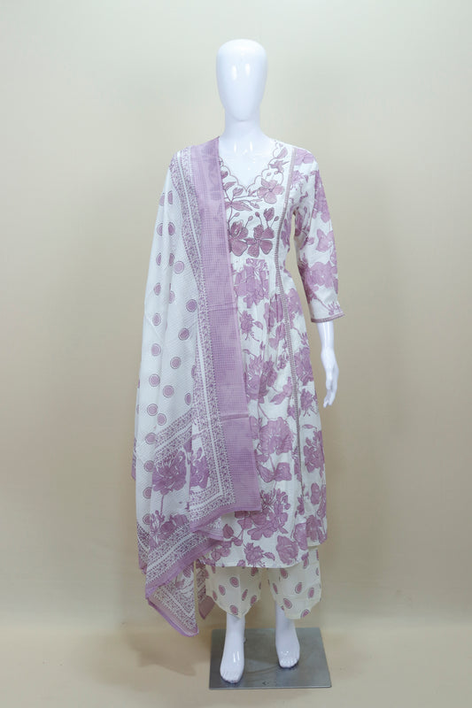  White and Lavender Floral Printed Cotton Salwar Suit with Dupatta