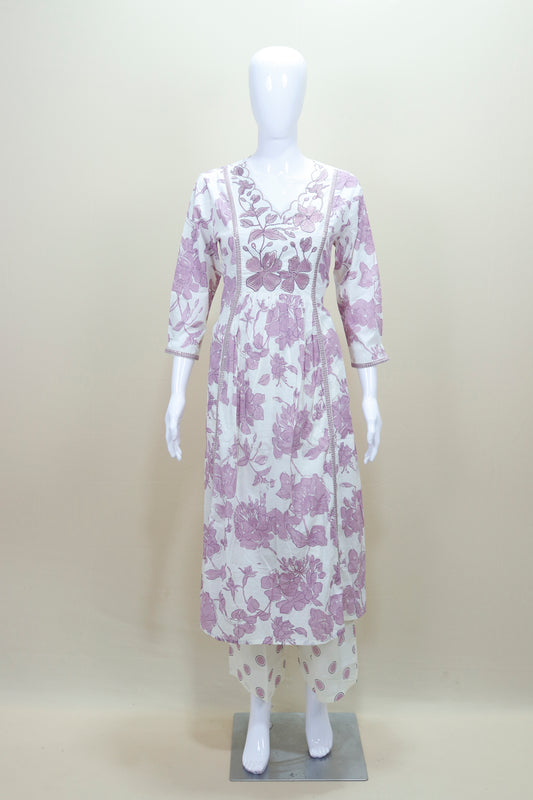White and Lavender Floral Printed Cotton Salwar Suit with Dupatta