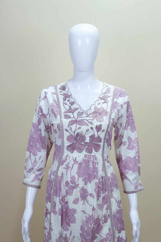 White and Lavender Floral Printed Cotton Salwar Suit with Dupatta
