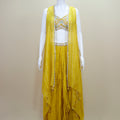 Designer Yellow Crop Top with Palazzo and Long Shrug Set