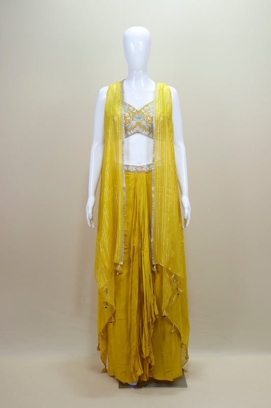 Designer Yellow Crop Top with Palazzo and Long Shrug Set