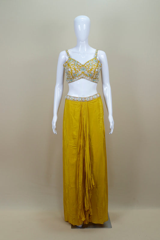 Designer Yellow Crop Top with Palazzo and Long Shrug Set