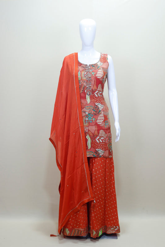 Stylish Orange Palazzo Suit with Embroidered Kurti Dupatta