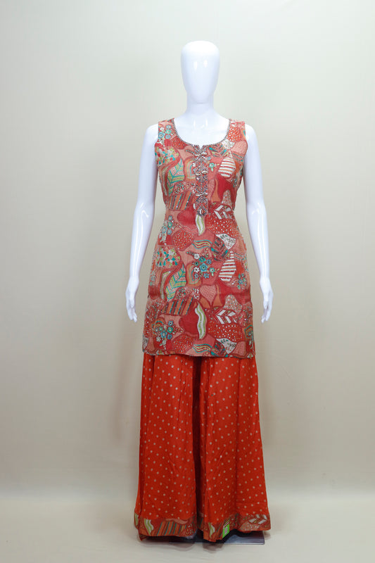 Stylish Orange Palazzo Suit with Embroidered Kurti Dupatta