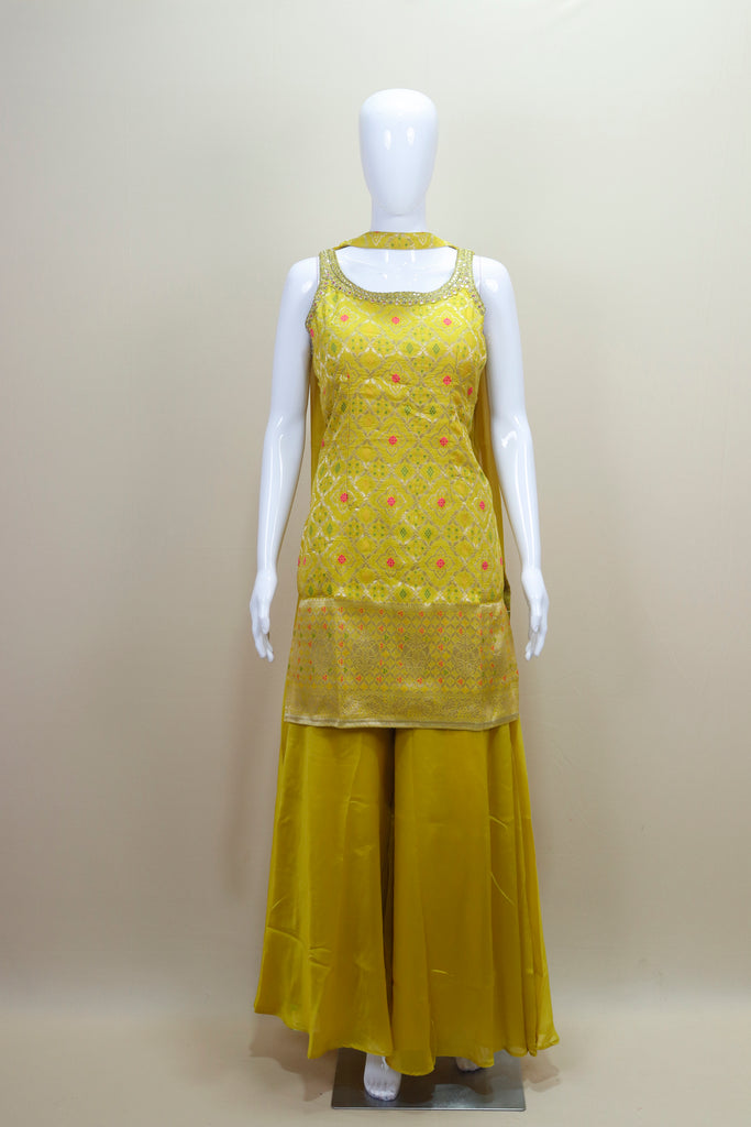  Yellow Palazzo Suit with Sleeveless Kurti Party Wear