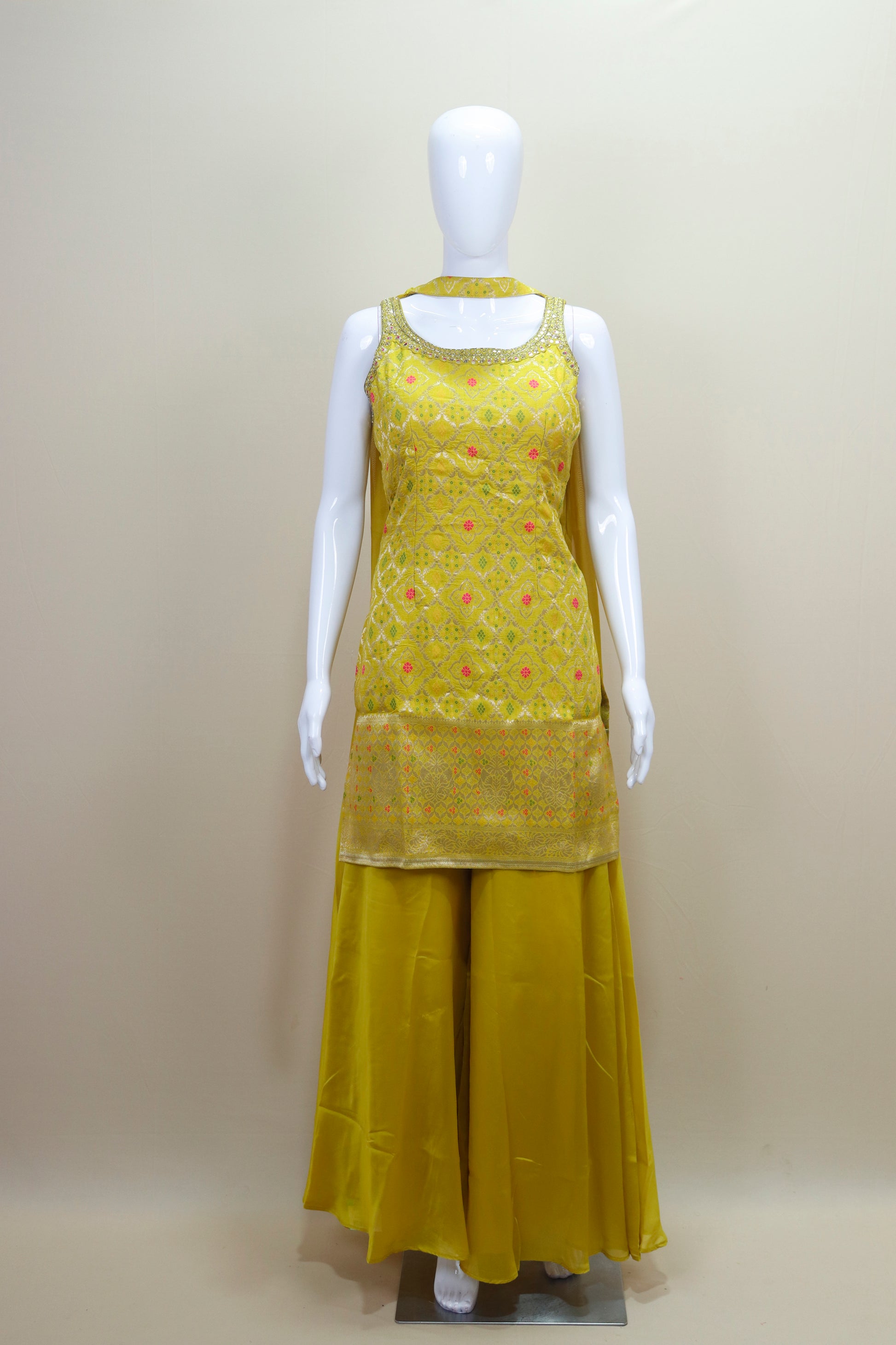  Yellow Palazzo Suit with Sleeveless Kurti Party Wear