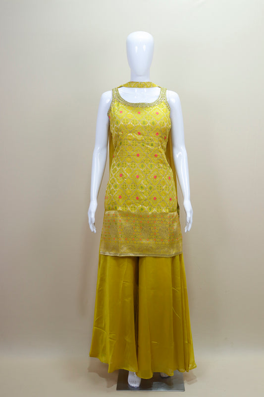  Yellow Palazzo Suit with Sleeveless Kurti Party Wear