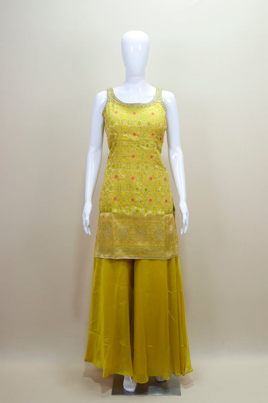 Yellow Palazzo Suit with Sleeveless Kurti Party Wear