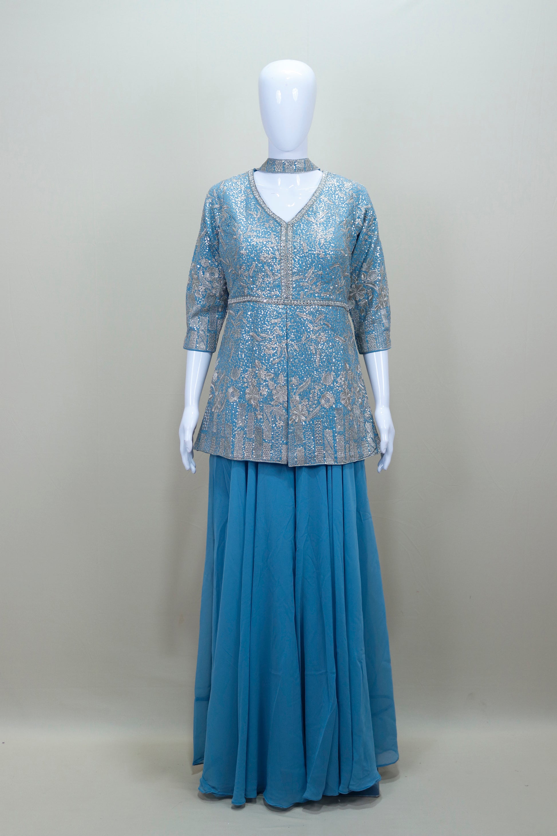 Designer Sky Blue Peplum Top with Flared Skirt Party Wear