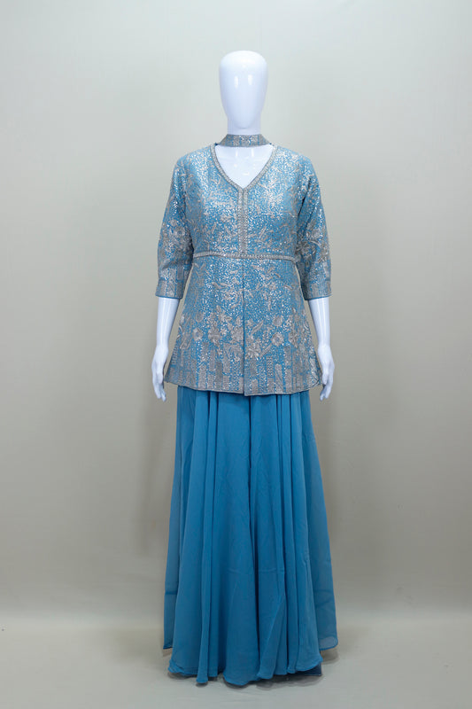 Designer Sky Blue Peplum Top with Flared Skirt Party Wear