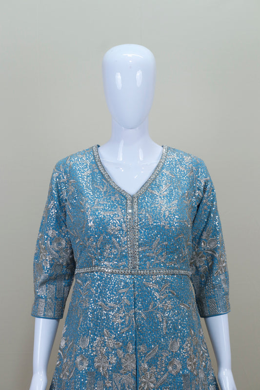 Designer Sky Blue Peplum Top with Flared Skirt Party Wear