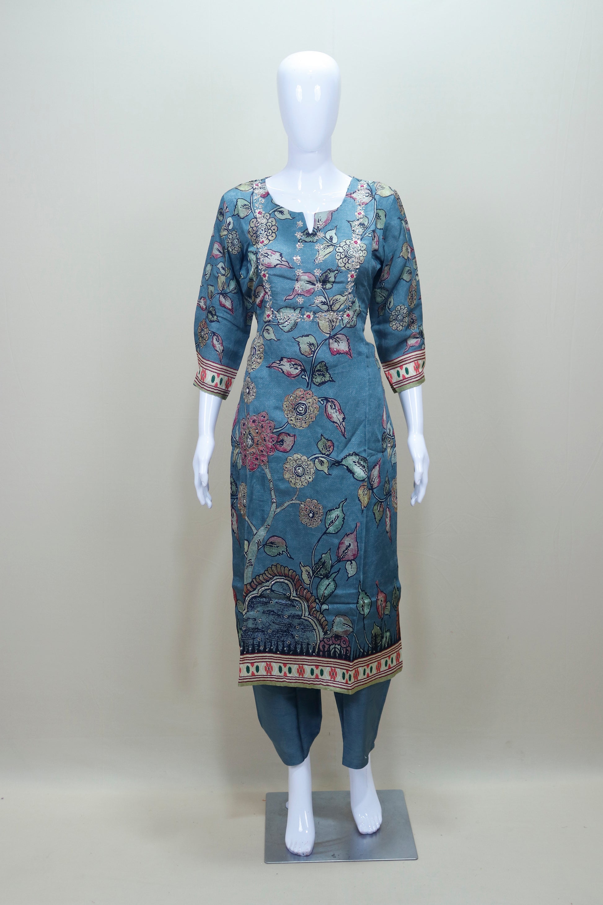 Blue Printed Cotton Kurti with Pant Set Casual Office Wear
