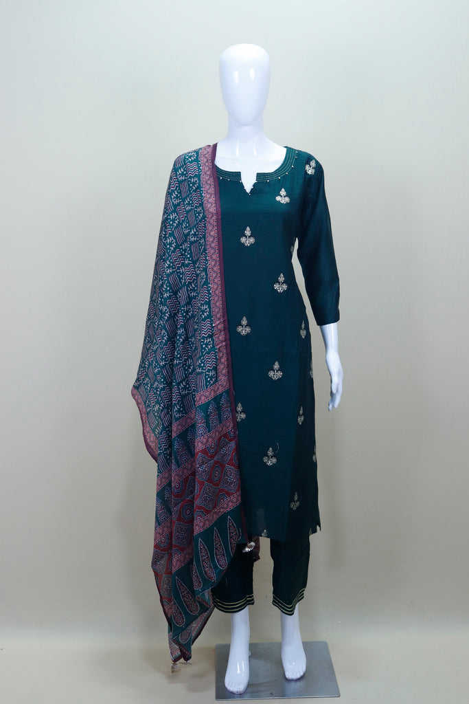 Dark Green Cotton Kurta Set with Dupatta Ethnic Wear