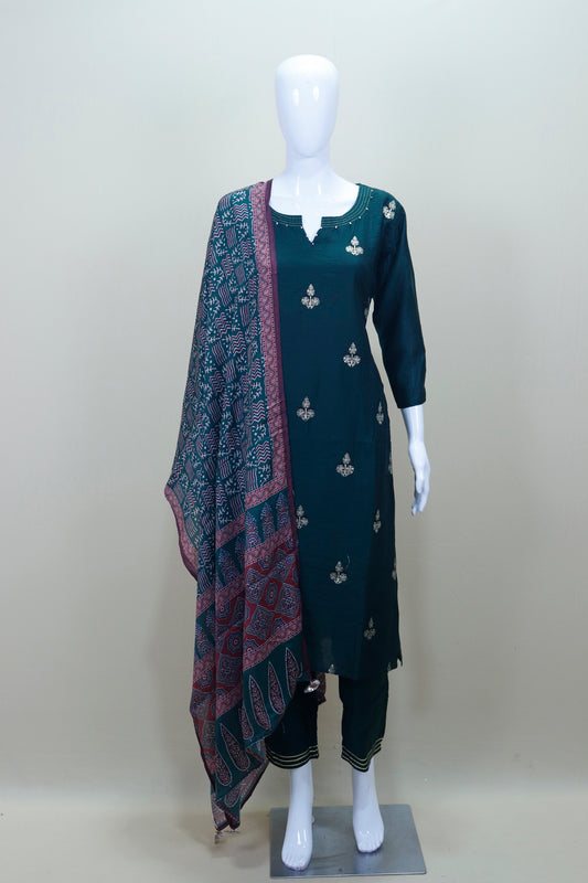 Dark Green Cotton Kurta Set with Dupatta Ethnic Wear